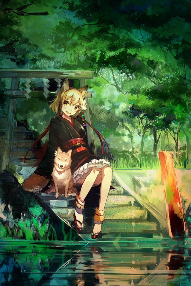 Girl And Dog Green Nature Anime Art Android wallpaper