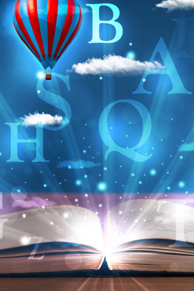 Open book with glowing fantasy abstract clouds and balloons Android wallpaper