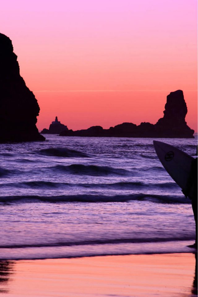 Surfer at Sunset, Cannon Beach, Oregon Android wallpaper