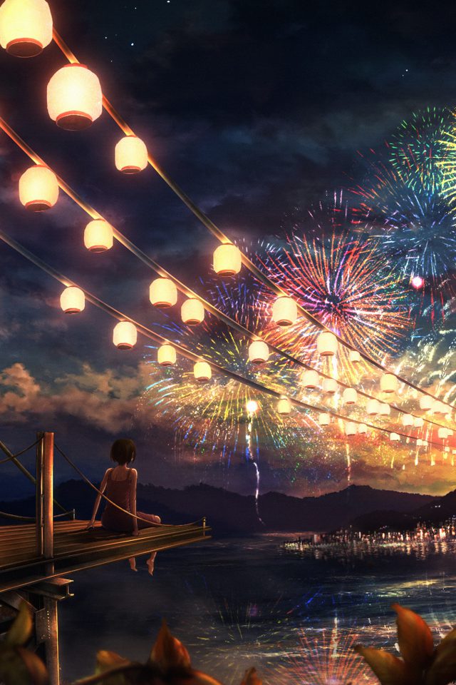 Firework Girl Dark Night Anime Art Illust Android wallpaper