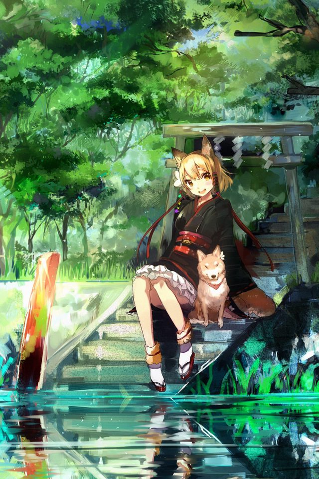 Girl And Dog Green Anime Art Illust Android wallpaper
