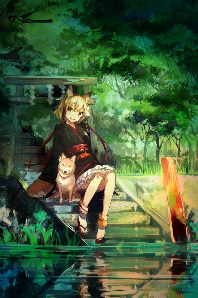Girl And Dog Green Nature Anime Art Illust Android wallpaper