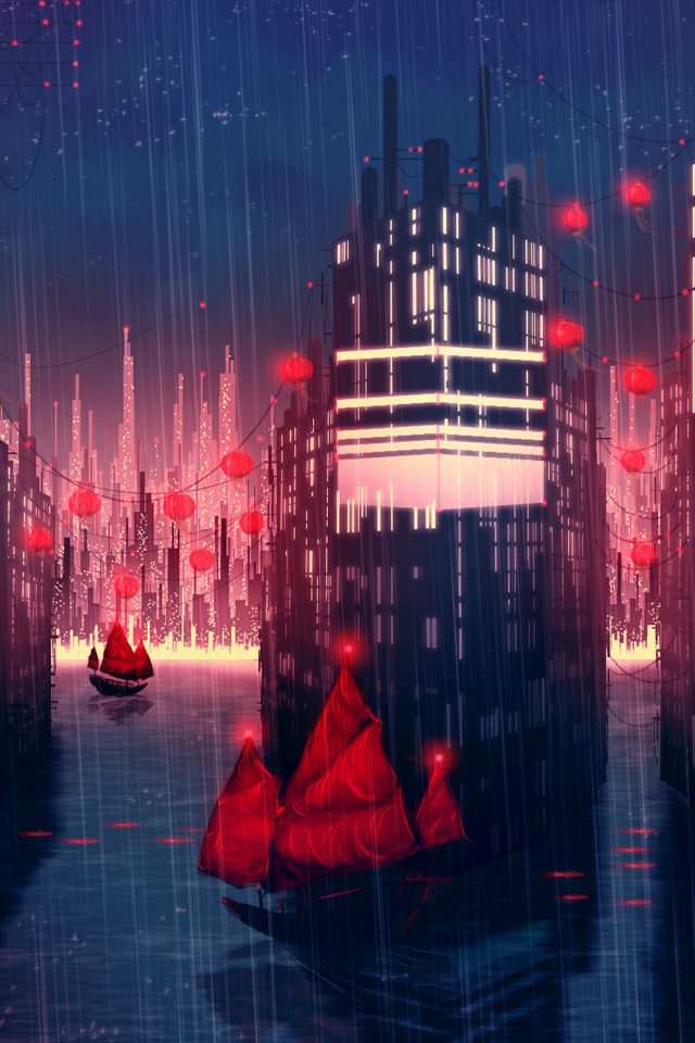 Rainy Anime City Art Illust Android wallpaper