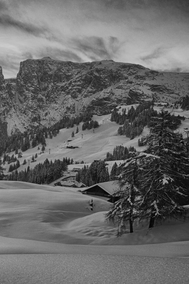 Mountain Green Snow Winter Nature Ski Dark Bw Android wallpaper