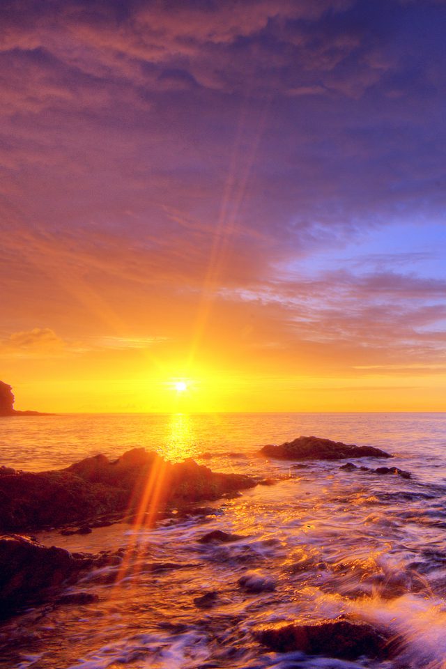 Sunshine Evening Sunset Beach Rock Nature Android wallpaper