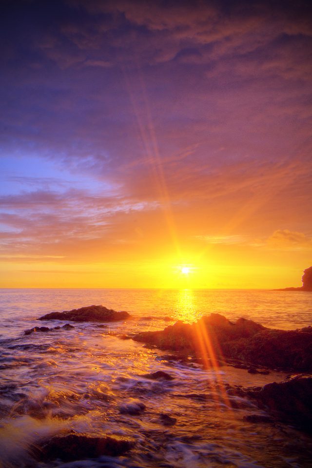 Sunshine Evening Sunset Beach Rock Nature Vignette Android wallpaper