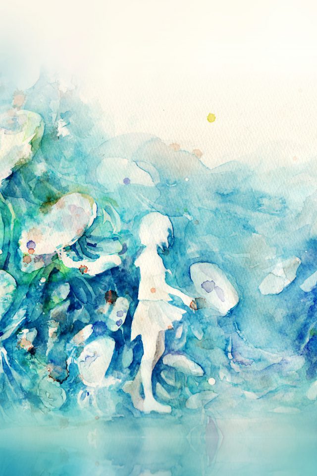 Watercolor Blue Girl Nature Art Illust Android wallpaper