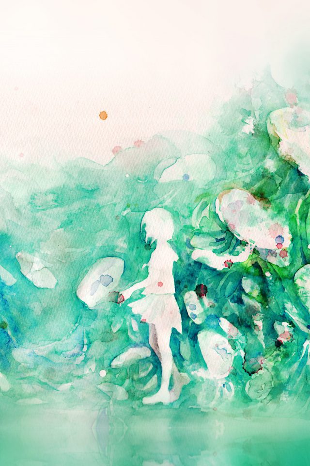 Watercolor Green Girl Nature Art Illust Android wallpaper