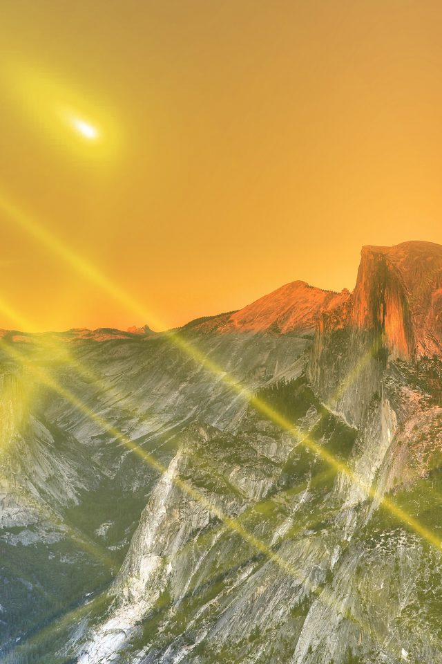 Yosemite Mountain Art Yellow Flare Sky Nature Android wallpaper