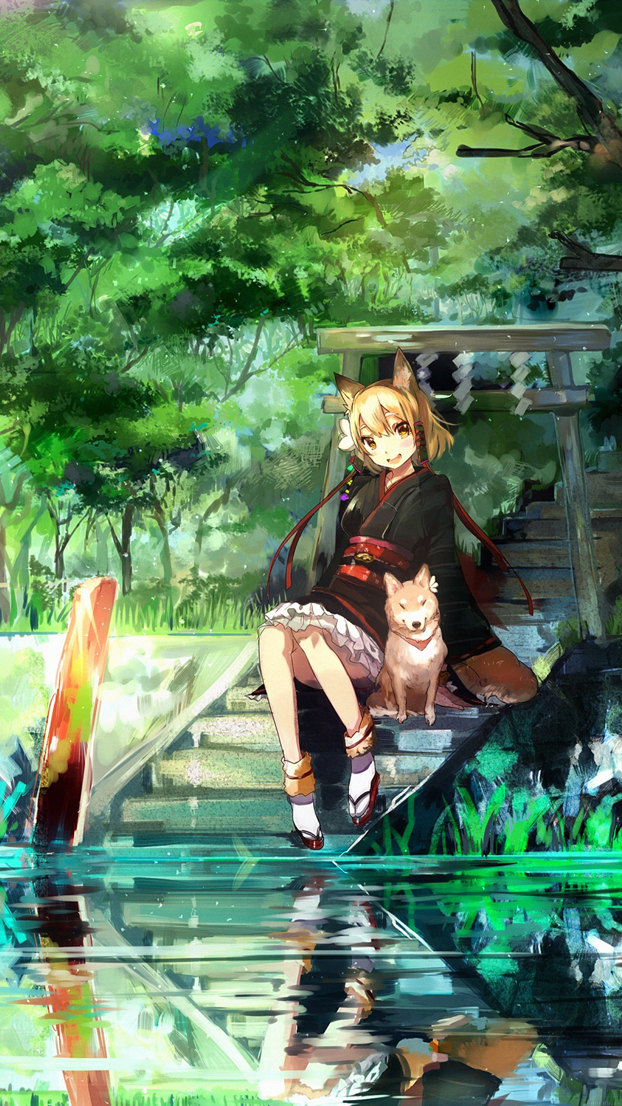 Girl And Dog Green Anime Art Illust Android wallpaper