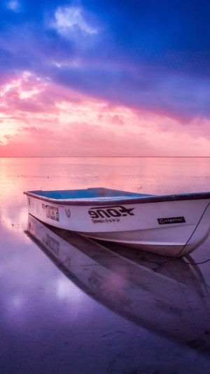 Nature Sea Beach Boat Alone Sunset Blue Pink Android wallpaper