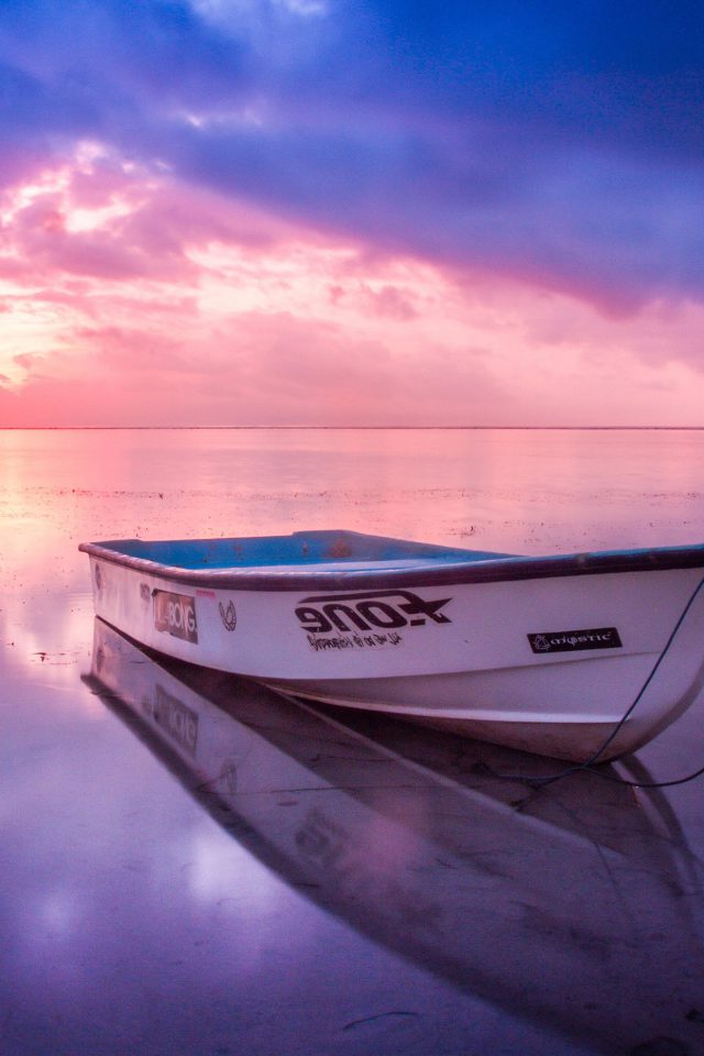 Nature Sea Beach Boat Alone Sunset Blue Pink Android wallpaper
