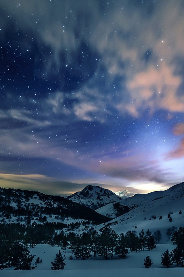 Aurora Star Sky Snow Mountain Winter Nature Android wallpaper