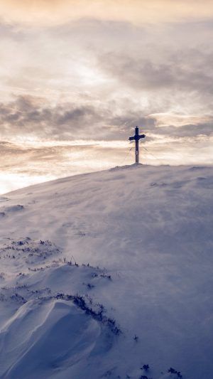 Cross Mountain Snow Winter White Nature Blue Android wallpaper