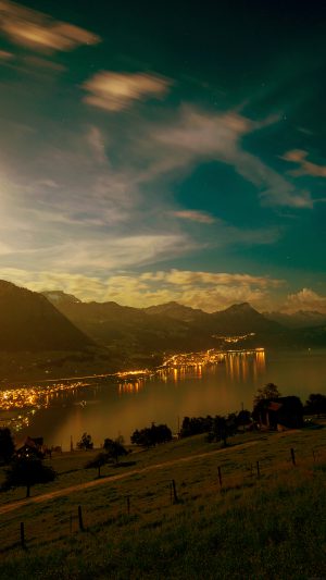 Lake Mountain City Village Night Light Nature Android wallpaper