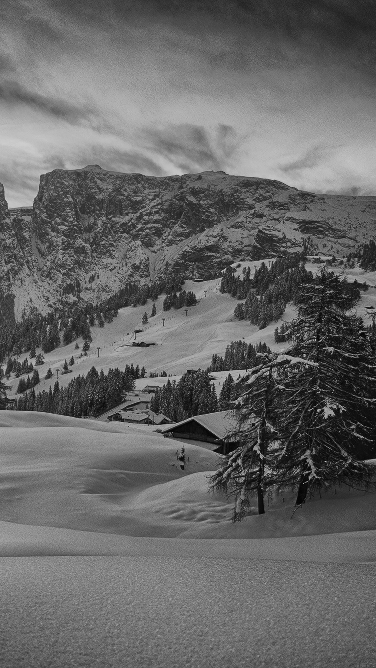 Mountain Green Snow Winter Nature Ski Dark Bw Android wallpaper