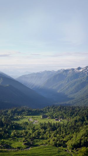 Peaceful Mountain Town House Sunny Sky Nature Android wallpaper