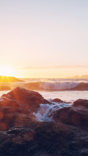 Sea Ocean Nature Sunset Rock Wave Android wallpaper