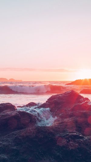 Sea Ocean Nature Sunset Rock Wave Blue Red Android wallpaper