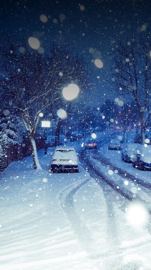 Snowy Blue Road Winter Nature Android wallpaper