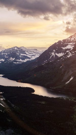 Sunset Mountain River Nature Dark Flare Forest Android wallpaper