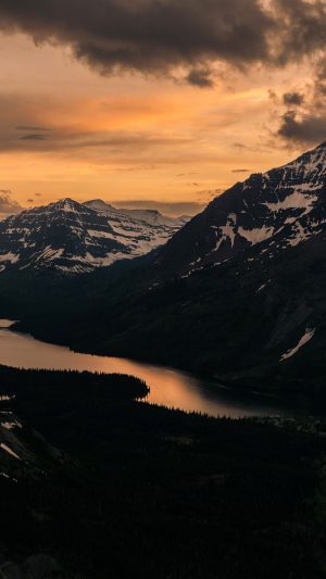Sunset Mountain River Nature Dark Red Android wallpaper