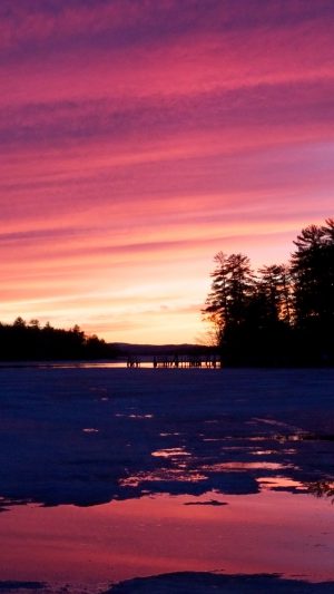 Sunset Nature Mountain Wood Red Sky Lake Android wallpaper