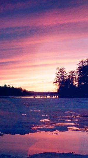 Sunset Nature Mountain Wood Red Sky Lake Flare Android wallpaper