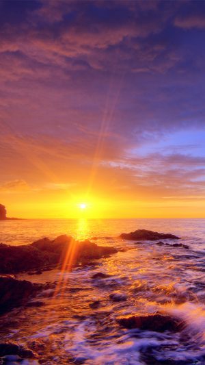 Sunshine Evening Sunset Beach Rock Nature Android wallpaper