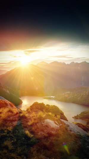Sunshine Mountain Sky Blue Spring Nature Vignette Android wallpaper