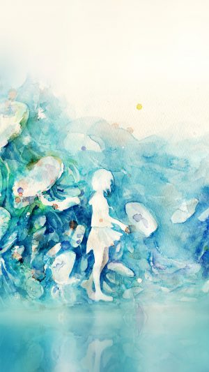 Watercolor Blue Girl Nature Art Illust Android wallpaper