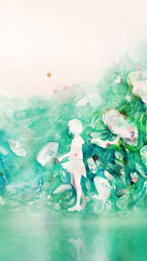Watercolor Green Girl Nature Art Illust Android wallpaper