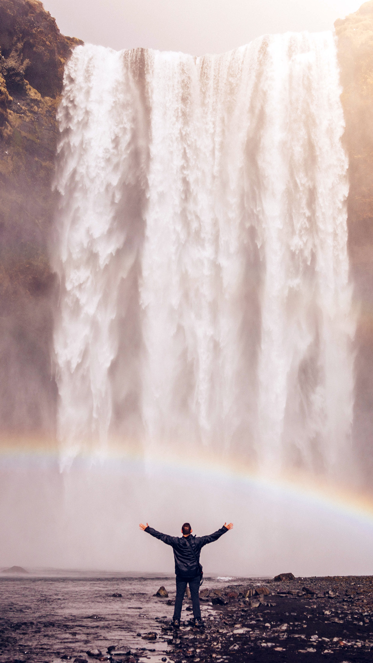 Waterfall Rainbow Nature Mountain Android wallpaper